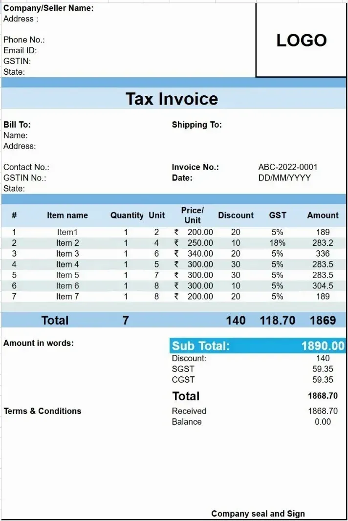 GST Bill Format in Blue and White Color with Logo