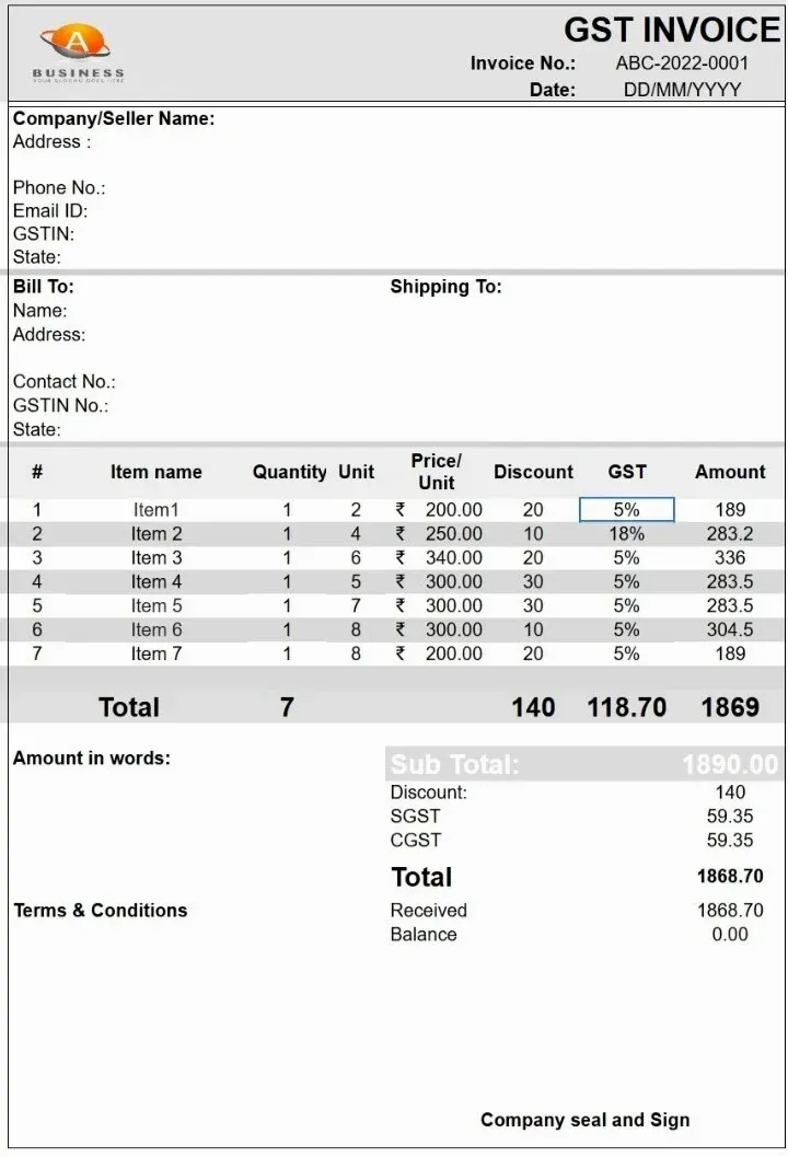 GST Invoice Format in Grey Color