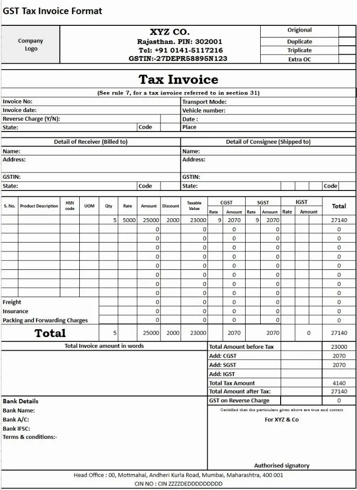 GST Tax Invoice Format for Goods Sold Business