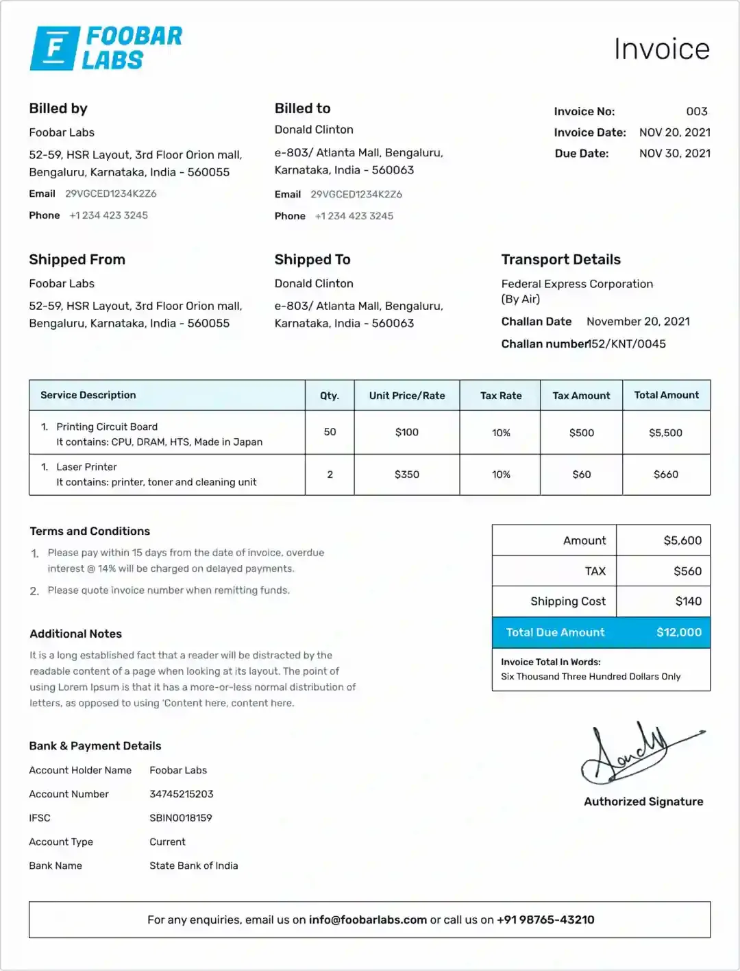 Blue and White Colored Invoice Created Using Online Invoice Generator