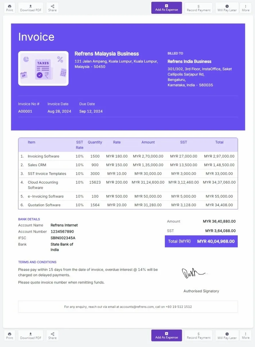 Invoice Template for Malaysian Business in Purple Color