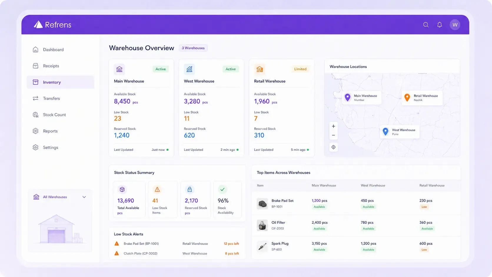 Monitor real-time stock across multiple warehouses with Refrens WMS