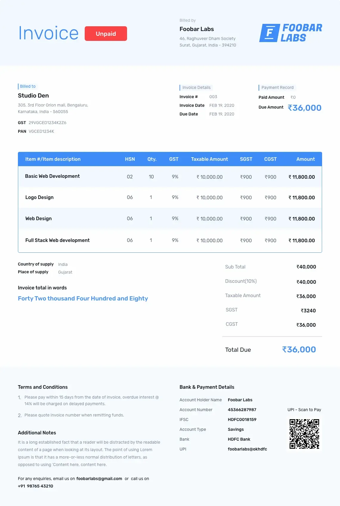 Sample freelance invoice template in blue and white color with payment code and link
