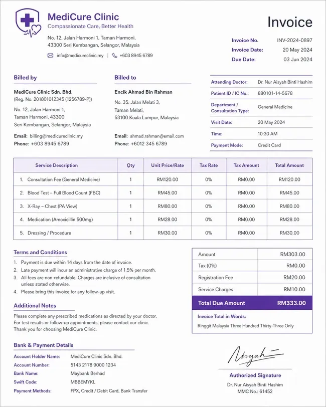 Medical invoice template sample with clinic billing details, patient information, itemized services, total amount, payment details, and authorized signature