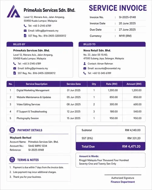 Sample of Service Invoice Template for Malaysia Refrens