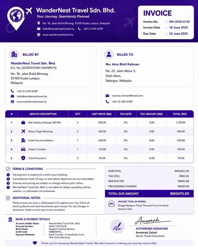 Travel agency invoice template sample with agency billing details, customer information, itemized travel services, total amount, payment details, and authorized signature