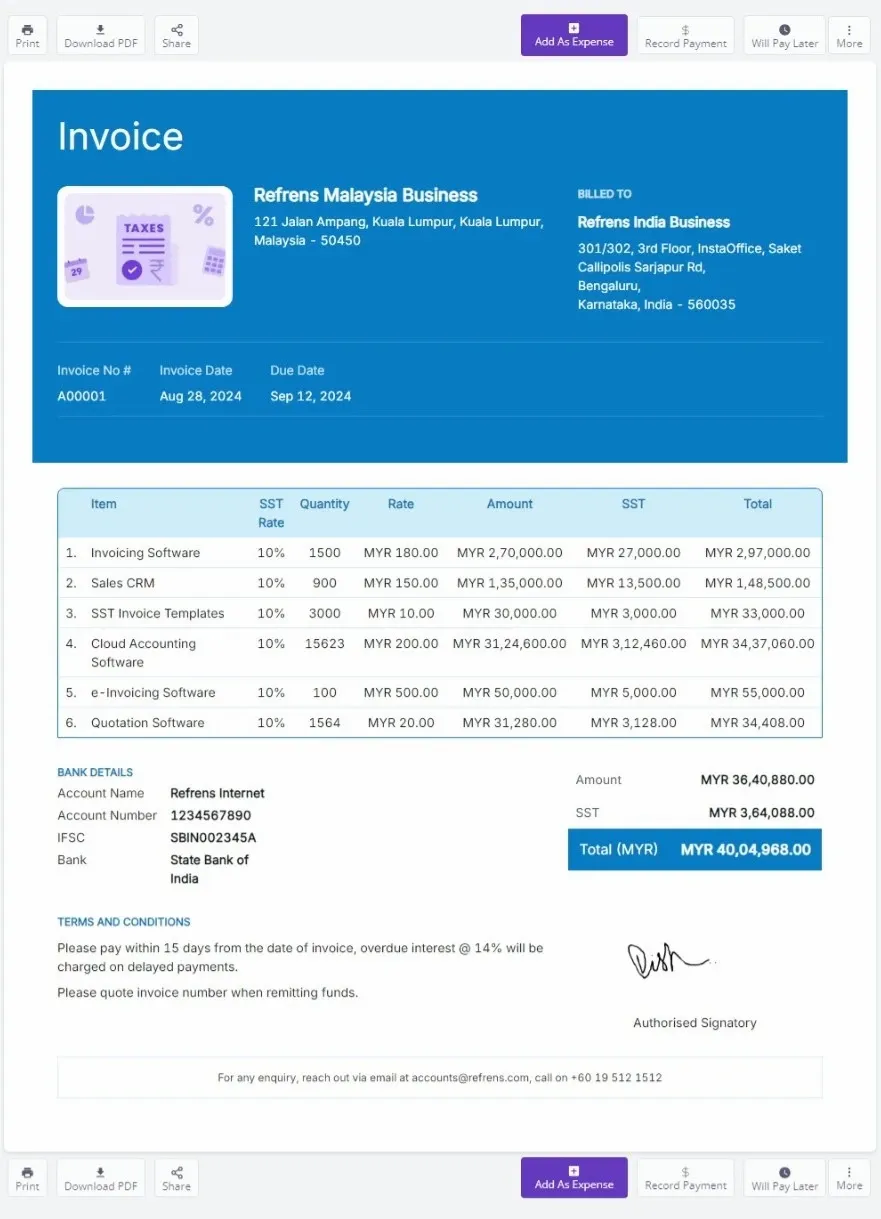 Malaysia SST Invoice Template Format