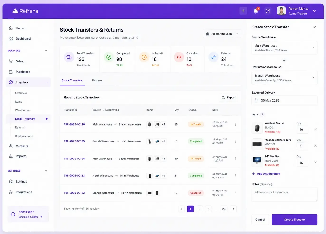 Refrens inventory dashboard showing stock transfers, returns and inventory transaction history